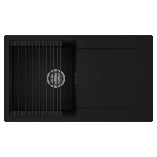 HD Onyx Black 86 egymedencés mosogatótálca szett, matt fekete csepegtetőráccsal, csepegtetőtálcával, matt fekete színben, szálcsiszolt króm leeresztő szifonnal