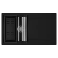 HD Onyx Black 86 egymedencés mosogatótálca szett, acél csepegtetőráccsal és matt fekete kosárral, csepegtetőtálcával, matt fekete színben, szálcsiszolt króm leeresztő szifonnal