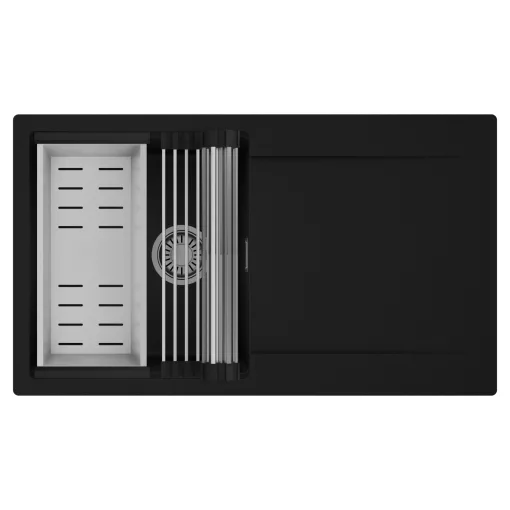 HD Onyx Black 86 egymedencés mosogatótálca szett, acél csepegtetőráccsal és kosárral, csepegtetőtálcával, matt fekete színben, szálcsiszolt króm leeresztő szifonnal