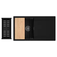 HD Onyx Black 86 egymedencés gránit mosogatótálca szett, csepegtetőtálcával, vágódeszkával, matt fekete csepegtetőráccsal és kosárral, matt fekete színben, szálcsiszolt króm leeresztő szifonnal