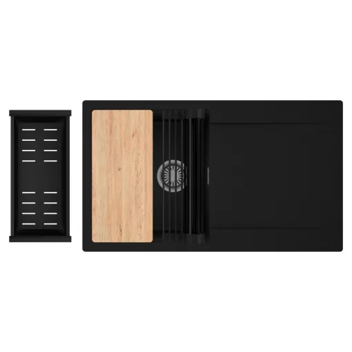 HD Onyx Black 86 egymedencés gránit mosogatótálca szett, csepegtetőtálcával, vágódeszkával, matt fekete csepegtetőráccsal és kosárral, matt fekete színben, szálcsiszolt króm leeresztő szifonnal