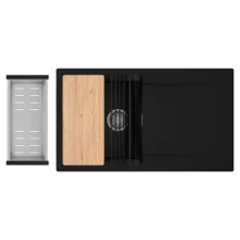 HD Onyx Black 86 egymedencés gránit mosogatótálca szett, csepegtetőtálcával, vágódeszkával, matt fekete csepegtetőráccsal és krómozott kosárral, matt fekete színben, szálcsiszolt króm leeresztő szifonnal