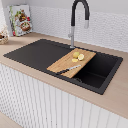 HD Onyx Black 86 egymedencés gránit mosogatótálca szett, csepegtetőtálcával, vágódeszkával, matt fekete csepegtetőráccsal és krómozott kosárral, matt fekete színben, szálcsiszolt króm leeresztő szifonnal