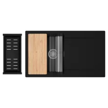 HD Onyx Black 86 egymedencés gránit mosogatótálca szett, csepegtetőtálcával, vágódeszkával, acél csepegtetőráccsal és matt fekete kosárral, matt fekete színben, szálcsiszolt króm leeresztő szifonnal