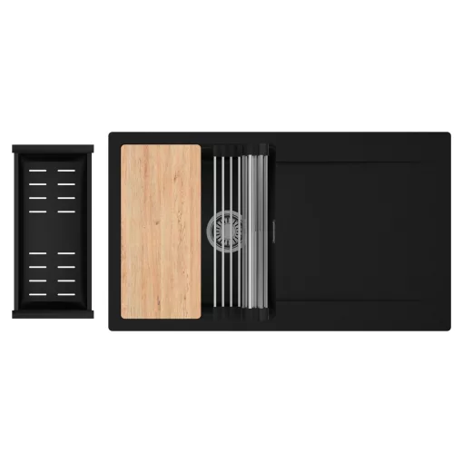 HD Onyx Black 86 egymedencés gránit mosogatótálca szett, csepegtetőtálcával, vágódeszkával, acél csepegtetőráccsal és matt fekete kosárral, matt fekete színben, szálcsiszolt króm leeresztő szifonnal