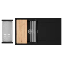 HD Onyx Black 86 egymedencés gránit mosogatótálca szett, csepegtetőtálcával, vágódeszkával, acél csepegtetőráccsal és kosárral, matt fekete színben, szálcsiszolt króm leeresztő szifonnal