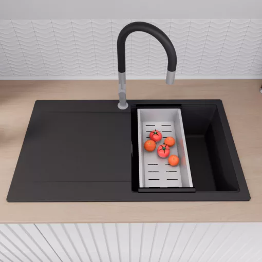 HD Onyx Black 86 egymedencés gránit mosogatótálca szett, csepegtetőtálcával, vágódeszkával, acél csepegtetőráccsal és kosárral, matt fekete színben, szálcsiszolt króm leeresztő szifonnal