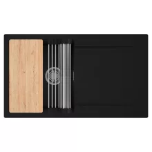 HD Onyx Black 86 egymedencés gránit mosogatótálca szett, csepegtetőtálcával, vágódeszkával, acél csepegtetőráccsal, matt fekete színben, szálcsiszolt króm leeresztő szifonnal