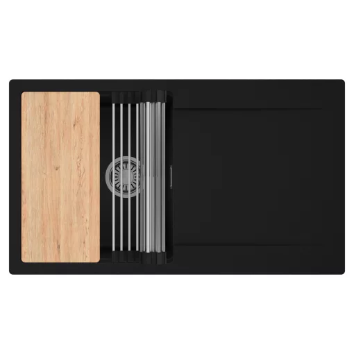 HD Onyx Black 86 egymedencés gránit mosogatótálca szett, csepegtetőtálcával, vágódeszkával, acél csepegtetőráccsal, matt fekete színben, szálcsiszolt króm leeresztő szifonnal