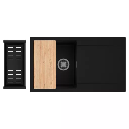 HD Onyx Black 86 egymedencés gránit mosogatótálca szett, csepegtetőtálcával, vágódeszkával, matt fekete csepegtetőkosárral, matt fekete színben, szálcsiszolt króm leeresztő szifonnal