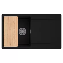 HD Onyx Black 86 egymedencés gránit mosogatótálca, vágódeszkával, matt fekete színben, szálcsiszolt króm leeresztő szifonnal