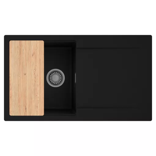 HD Onyx Black 86 egymedencés gránit mosogatótálca, vágódeszkával, matt fekete színben, szálcsiszolt króm leeresztő szifonnal