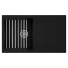 HD Onyx Black 86 egymedencés mosogatótálca szett, acél csepegtetőráccsal, csepegtetőtálcával, matt fekete színben, szálcsiszolt króm leeresztő szifonnal