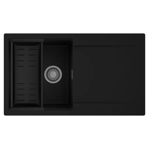 HD Onyx Black 86 egymedencés mosogatótálca szett, matt fekete csepegtetőkosárral, csepegtetőtálcával, matt fekete színben, szálcsiszolt króm leeresztő szifonnal