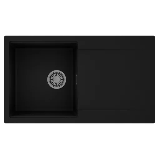 HD Onyx Black 86 egymedencés mosogatótálca, csepegtetőtálcával, matt fekete színben, szálcsiszolt króm leeresztő szifonnal