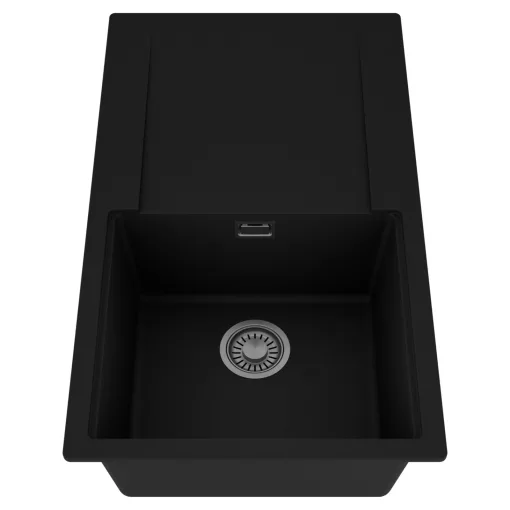 HD Onyx Black 86 egymedencés mosogatótálca, csepegtetőtálcával, matt fekete színben, szálcsiszolt króm leeresztő szifonnal