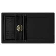 HD Onyx Black 86 egymedencés mosogatótálca szett, matt fekete csepegtetőráccsal és kosárral, csepegtetőtálcával, matt fekete színben, szálcsiszolt arany leeresztő szifonnal