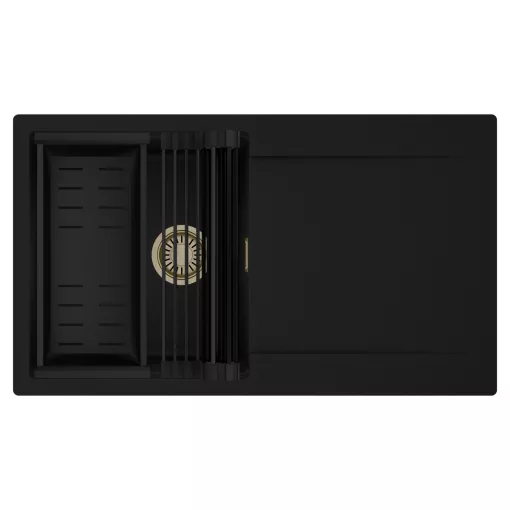 HD Onyx Black 86 egymedencés mosogatótálca szett, matt fekete csepegtetőráccsal és kosárral, csepegtetőtálcával, matt fekete színben, szálcsiszolt arany leeresztő szifonnal