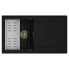 HD Onyx Black 86 egymedencés mosogatótálca szett, matt fekete csepegtetőráccsal és krómozott kosárral, csepegtetőtálcával, matt fekete színben, szálcsiszolt arany leeresztő szifonnal