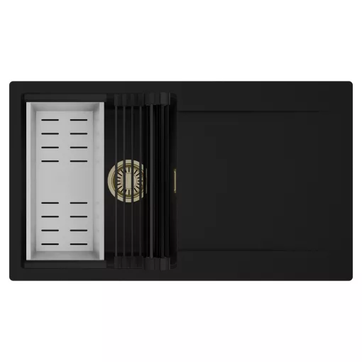 HD Onyx Black 86 egymedencés mosogatótálca szett, matt fekete csepegtetőráccsal és krómozott kosárral, csepegtetőtálcával, matt fekete színben, szálcsiszolt arany leeresztő szifonnal