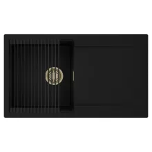 HD Onyx Black 86 egymedencés mosogatótálca szett, matt fekete csepegtetőráccsal, csepegtetőtálcával, matt fekete színben, szálcsiszolt arany leeresztő szifonnal