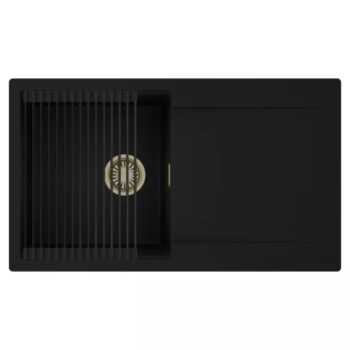 HD Onyx Black 86 egymedencés mosogatótálca szett, matt fekete csepegtetőráccsal, csepegtetőtálcával, matt fekete színben, szálcsiszolt arany leeresztő szifonnal