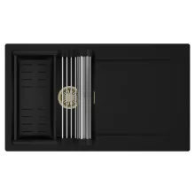 HD Onyx Black 86 egymedencés mosogatótálca szett, acél csepegtetőráccsal és matt fekete kosárral, csepegtetőtálcával, matt fekete színben, szálcsiszolt arany leeresztő szifonnal