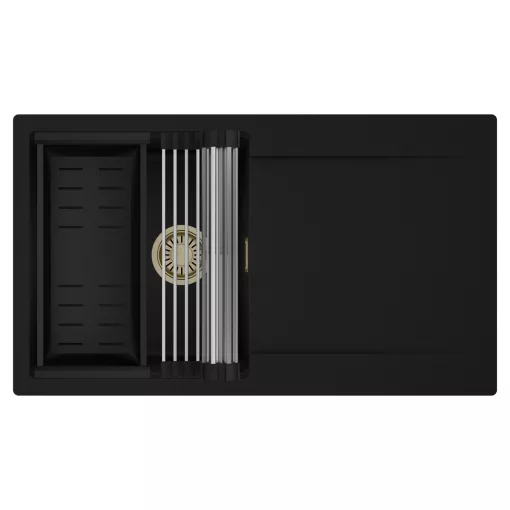 HD Onyx Black 86 egymedencés mosogatótálca szett, acél csepegtetőráccsal és matt fekete kosárral, csepegtetőtálcával, matt fekete színben, szálcsiszolt arany leeresztő szifonnal