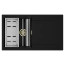 HD Onyx Black 86 egymedencés mosogatótálca szett, acél csepegtetőráccsal és kosárral, csepegtetőtálcával, matt fekete színben, szálcsiszolt arany leeresztő szifonnal