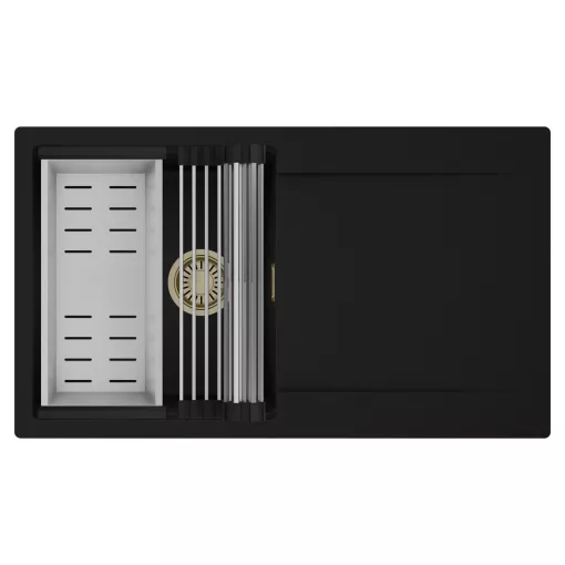 HD Onyx Black 86 egymedencés mosogatótálca szett, acél csepegtetőráccsal és kosárral, csepegtetőtálcával, matt fekete színben, szálcsiszolt arany leeresztő szifonnal