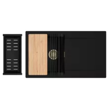 HD Onyx Black 86 egymedencés gránit mosogatótálca szett, csepegtetőtálcával, vágódeszkával, matt fekete csepegtetőráccsal és kosárral, matt fekete színben, szálcsiszolt arany leeresztő szifonnal