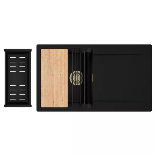 HD Onyx Black 86 egymedencés gránit mosogatótálca szett, csepegtetőtálcával, vágódeszkával, matt fekete csepegtetőráccsal és kosárral, matt fekete színben, szálcsiszolt arany leeresztő szifonnal