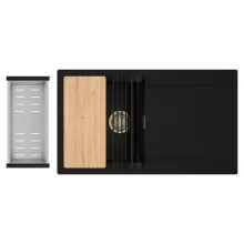 HD Onyx Black 86 egymedencés gránit mosogatótálca szett, csepegtetőtálcával, vágódeszkával, matt fekete csepegtetőráccsal és krómozott kosárral, matt fekete színben, szálcsiszolt arany leeresztő szifonnal