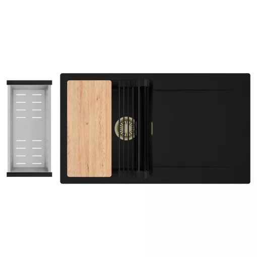 HD Onyx Black 86 egymedencés gránit mosogatótálca szett, csepegtetőtálcával, vágódeszkával, matt fekete csepegtetőráccsal és krómozott kosárral, matt fekete színben, szálcsiszolt arany leeresztő szifonnal