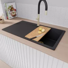 HD Onyx Black 86 egymedencés gránit mosogatótálca szett, csepegtetőtálcával, vágódeszkával, matt fekete csepegtetőráccsal és krómozott kosárral, matt fekete színben, szálcsiszolt arany leeresztő szifonnal