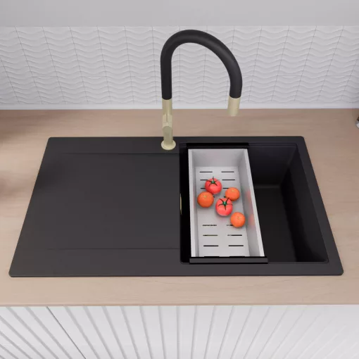 HD Onyx Black 86 egymedencés gránit mosogatótálca szett, csepegtetőtálcával, vágódeszkával, matt fekete csepegtetőráccsal és krómozott kosárral, matt fekete színben, szálcsiszolt arany leeresztő szifonnal