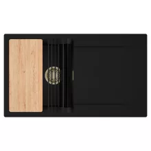 HD Onyx Black 86 egymedencés gránit mosogatótálca szett, csepegtetőtálcával, vágódeszkával, matt fekete csepegtetőráccsal, matt fekete színben, szálcsiszolt arany leeresztő szifonnal