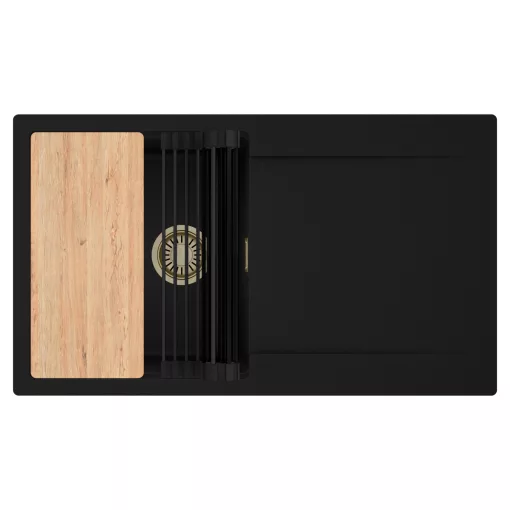 HD Onyx Black 86 egymedencés gránit mosogatótálca szett, csepegtetőtálcával, vágódeszkával, matt fekete csepegtetőráccsal, matt fekete színben, szálcsiszolt arany leeresztő szifonnal