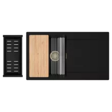 HD Onyx Black 86 egymedencés gránit mosogatótálca szett, csepegtetőtálcával, vágódeszkával, acél csepegtetőráccsal és matt fekete kosárral, matt fekete színben, szálcsiszolt arany leeresztő szifonnal