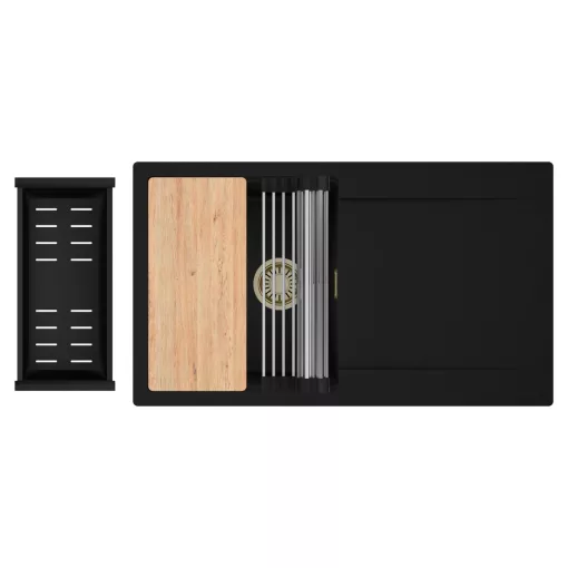 HD Onyx Black 86 egymedencés gránit mosogatótálca szett, csepegtetőtálcával, vágódeszkával, acél csepegtetőráccsal és matt fekete kosárral, matt fekete színben, szálcsiszolt arany leeresztő szifonnal