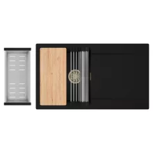 HD Onyx Black 86 egymedencés gránit mosogatótálca szett, csepegtetőtálcával, vágódeszkával, acél csepegtetőráccsal és kosárral, matt fekete színben, szálcsiszolt arany leeresztő szifonnal