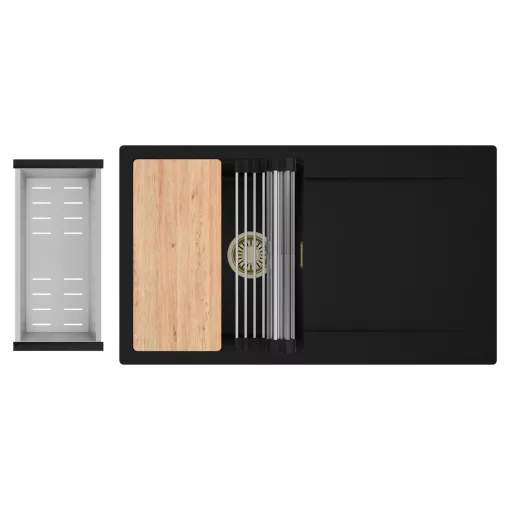 HD Onyx Black 86 egymedencés gránit mosogatótálca szett, csepegtetőtálcával, vágódeszkával, acél csepegtetőráccsal és kosárral, matt fekete színben, szálcsiszolt arany leeresztő szifonnal