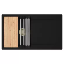 HD Onyx Black 86 egymedencés gránit mosogatótálca szett, csepegtetőtálcával, vágódeszkával, acél csepegtetőráccsal, matt fekete színben, szálcsiszolt arany leeresztő szifonnal