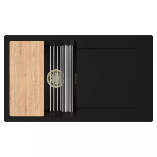 HD Onyx Black 86 egymedencés gránit mosogatótálca szett, csepegtetőtálcával, vágódeszkával, acél csepegtetőráccsal, matt fekete színben, szálcsiszolt arany leeresztő szifonnal