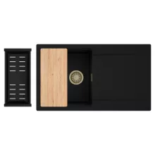 HD Onyx Black 86 egymedencés gránit mosogatótálca szett, csepegtetőtálcával, vágódeszkával, matt fekete csepegtetőkosárral, matt fekete színben, szálcsiszolt arany leeresztő szifonnal