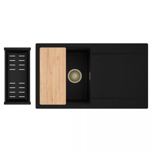 HD Onyx Black 86 egymedencés gránit mosogatótálca szett, csepegtetőtálcával, vágódeszkával, matt fekete csepegtetőkosárral, matt fekete színben, szálcsiszolt arany leeresztő szifonnal