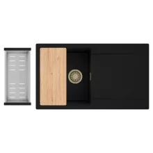 HD Onyx Black 86 egymedencés gránit mosogatótálca szett, csepegtetőtálcával, vágódeszkával, acél csepegtetőkosárral, matt fekete színben, szálcsiszolt arany leeresztő szifonnal