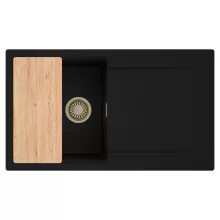 HD Onyx Black 86 egymedencés gránit mosogatótálca, vágódeszkával, matt fekete színben, szálcsiszolt arany leeresztő szifonnal