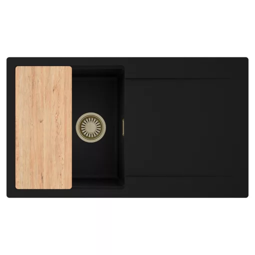 HD Onyx Black 86 egymedencés gránit mosogatótálca, vágódeszkával, matt fekete színben, szálcsiszolt arany leeresztő szifonnal