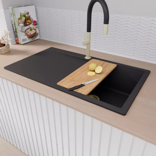 HD Onyx Black 86 egymedencés gránit mosogatótálca, vágódeszkával, matt fekete színben, szálcsiszolt arany leeresztő szifonnal